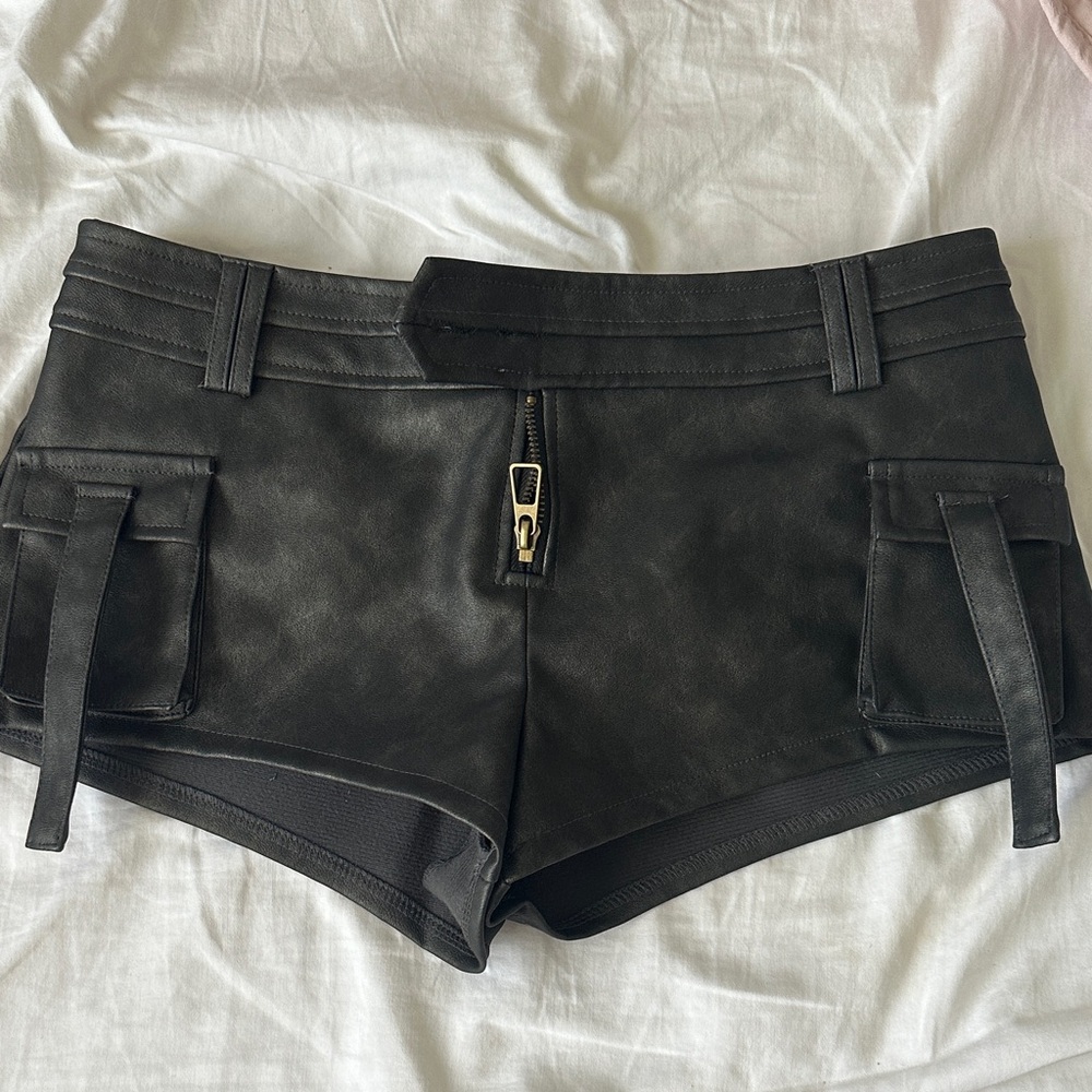 Edikted Washed Faux Leather Micro Cargo Shorts Medium
